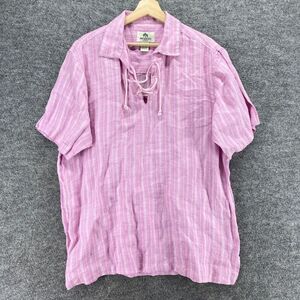Mojito Shirt Men XL Pink Striped Collared Tasseled Short Sleeve Linen Casual